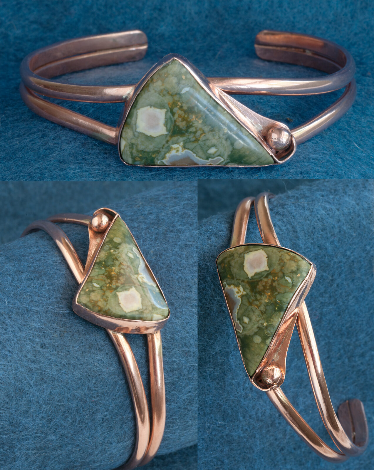 Copper cuff bracelet, green jasper stone