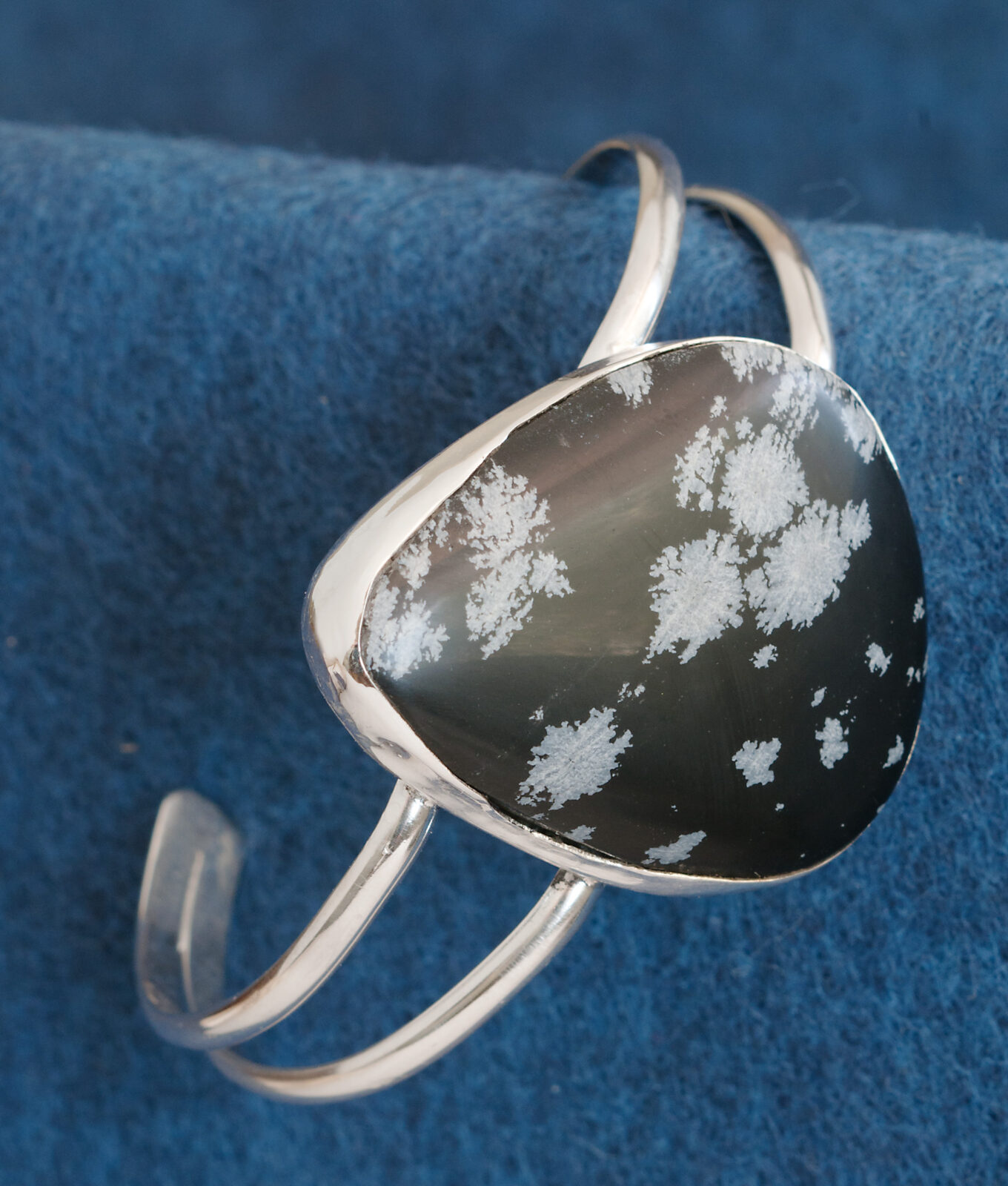 silver cuff bracelet with snowflake obsidian stone