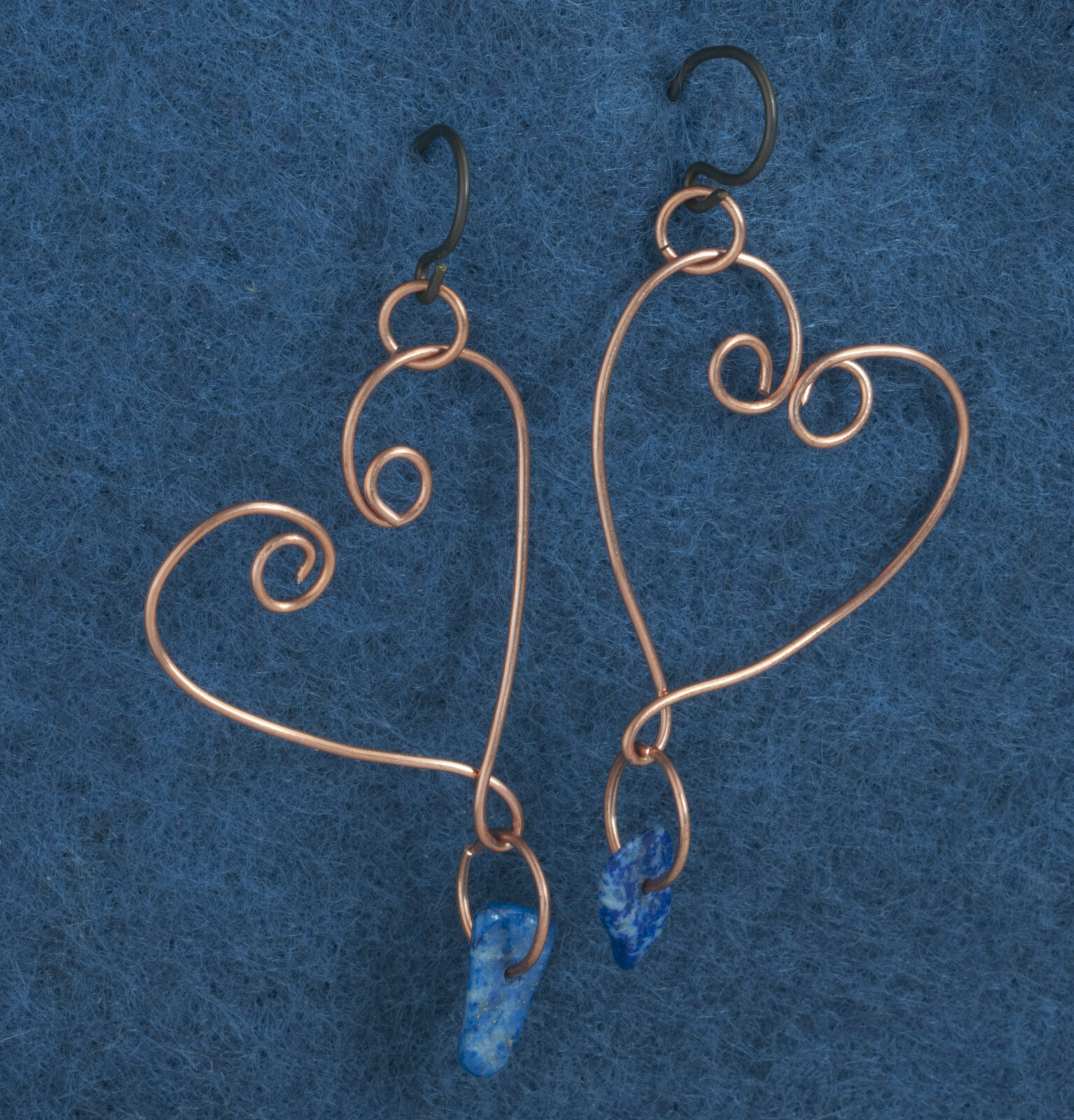 copper heart earring, lapis accent chips